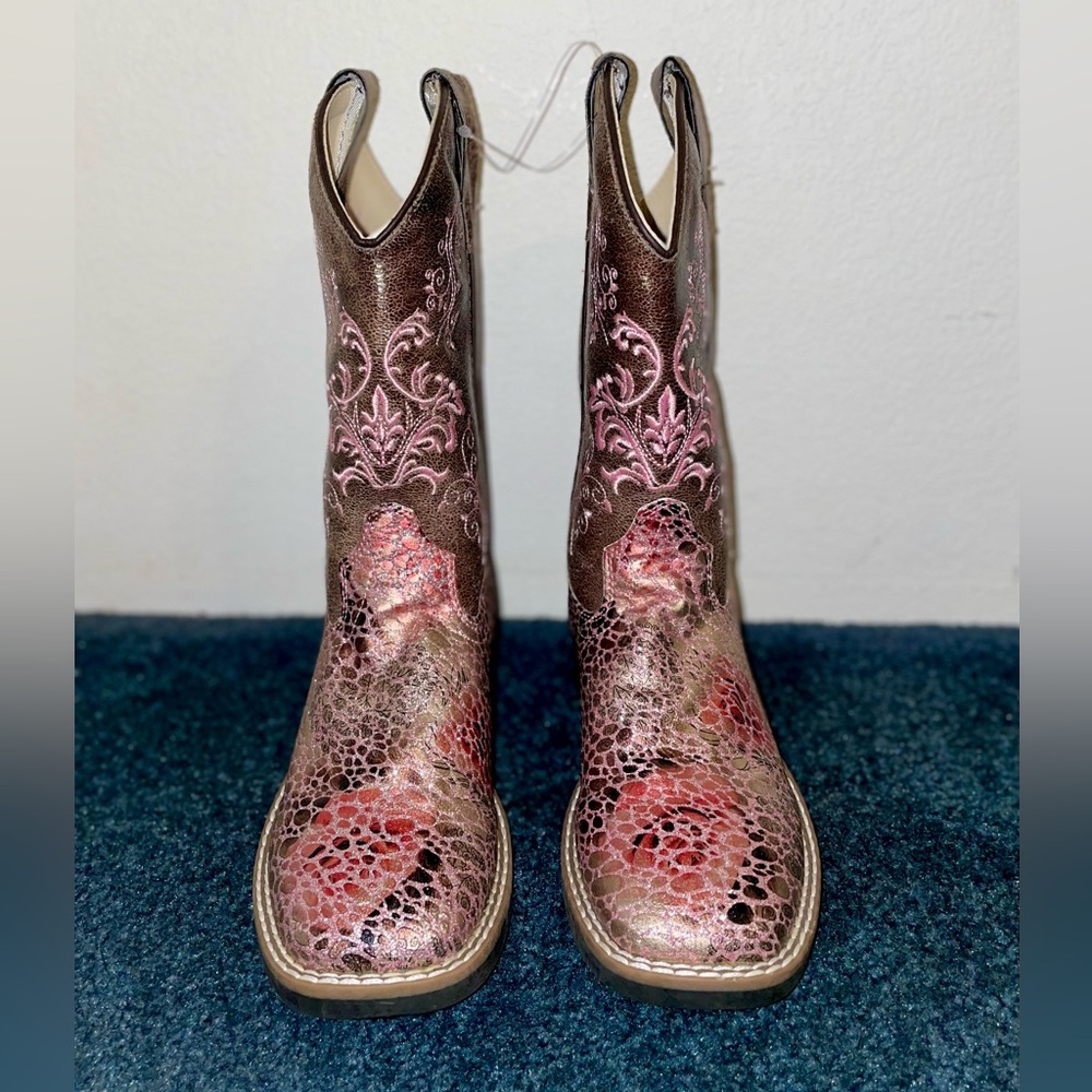 NWOT - Old West Sheyanne Antique Pink-Brown Cowgirl Boots - Girls size 2.0-D